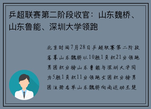 乒超联赛第二阶段收官：山东魏桥、山东鲁能、深圳大学领跑